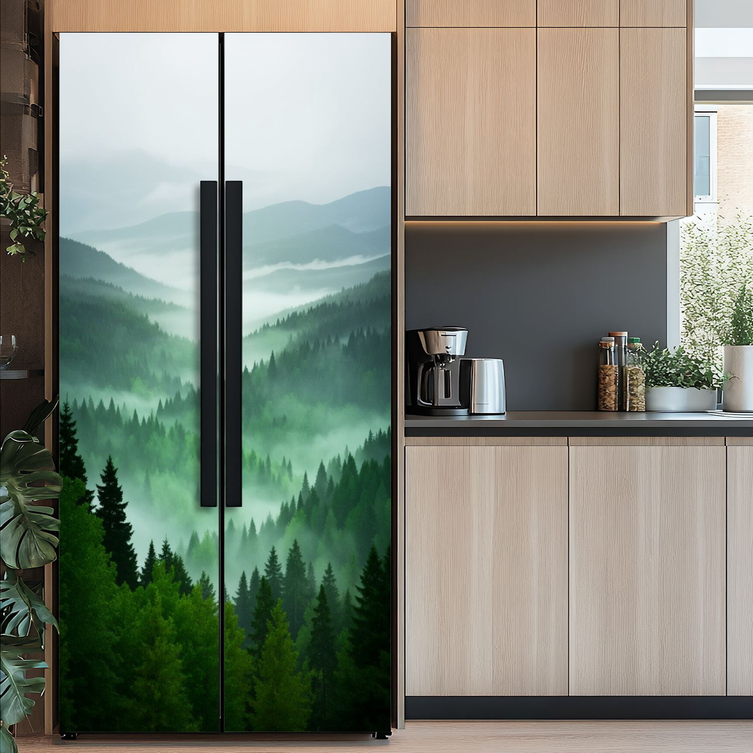 Self Adhesive Vinyl Refrigerator Wrap Set Misty Mountain Forest Landscape Layered Pine Trees Soft Door Mural Removable Fridge Sticker Peel and Stick&nbsp;Full Door Cover Decal Kitchen Bar Decor