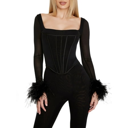 

Blotona Womens Sexy Feather Trim Long Sleeve Crop Top Square Neck Bustier Corset Top Faux Fur Fairy Basic Summer Tee Shirt Blouse