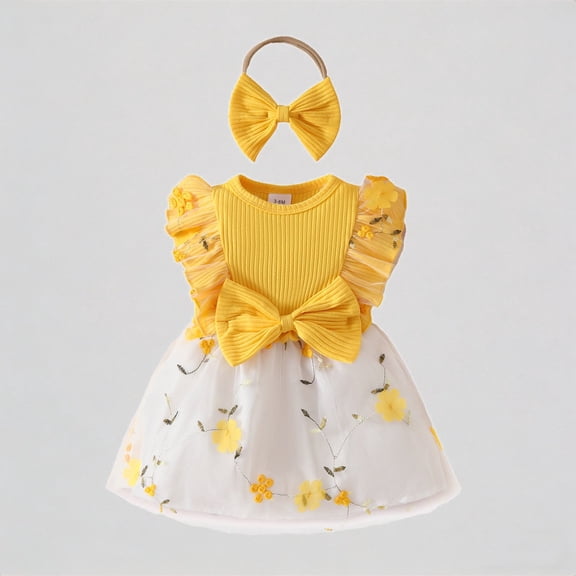 REDARER Girls Floral Tulle Dress with Bowknot Detail & Matching Headband Princess Party Holiday Outfit,6-9 Months