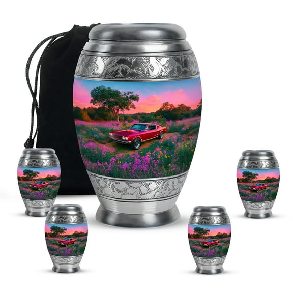 MUKTIVE Car Burial Urns for Ashes Adult Female, Memorial Purple Flower Combo Urns for Adult Male, Decorative Blue Cremation Urn, Funeral Urn for Ashes for Women, (1 Large, 4 Keepsake)