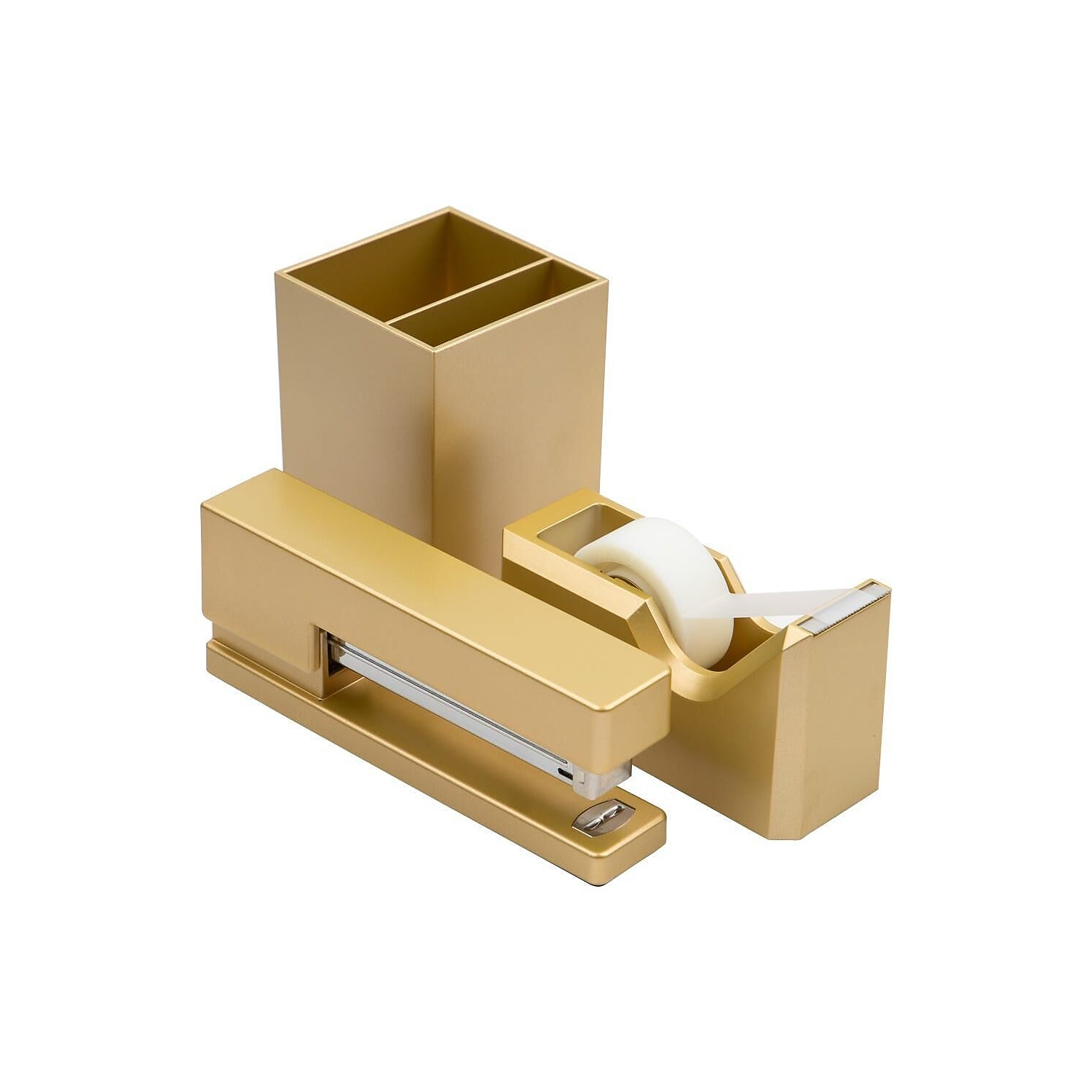 JAM PAPER Desk Trio Pack Gold Stapler Tape Dispenser & Pen Holder 3/Pack 337841GO