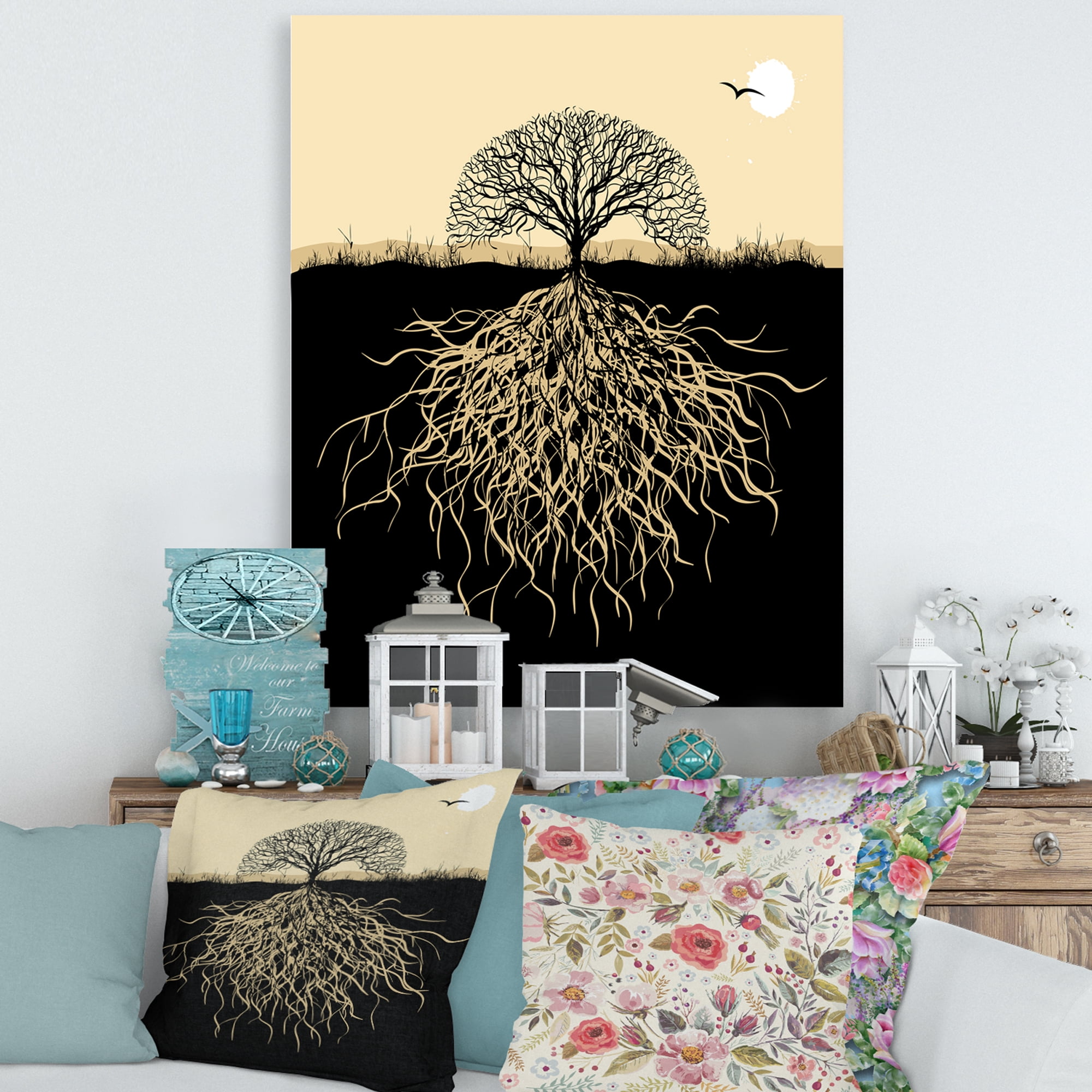Designart ' Tree Silhouette With Underground Roots ' Traditional Canvas Wall Art Print