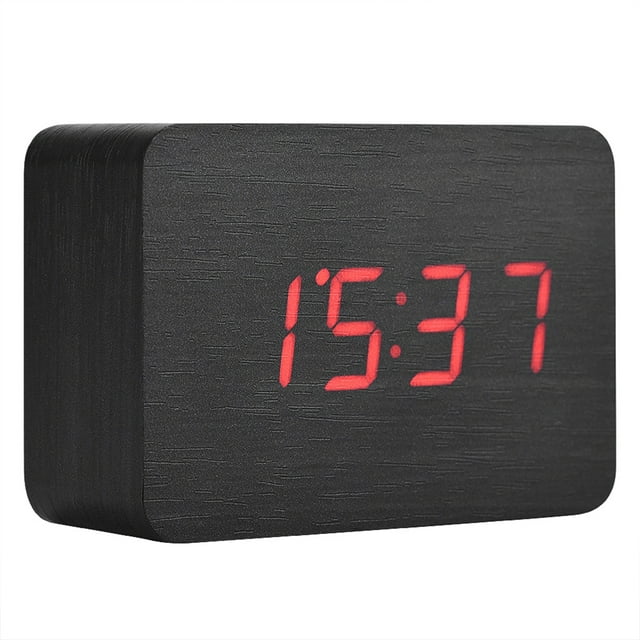 Reloj despertador digital electrónico de madera con pantalla LED de temperatura y control de sonido, color negro