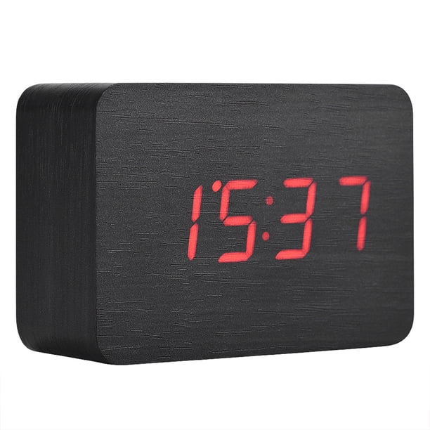 Reloj despertador digital electrónico de madera con pantalla LED y control de sonidos, color negro
