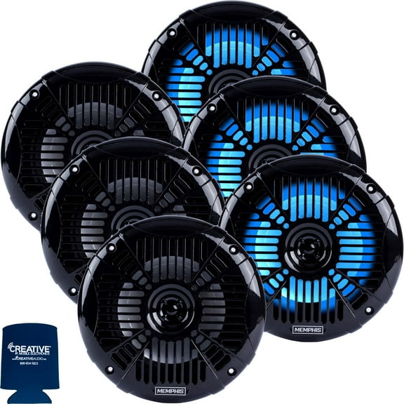 Memphis Audio LED Marine Speaker Pack: 3 pairs of MXA602SLB 6.5" Marine Grade Coaxial Speakers, Black With Blue LED