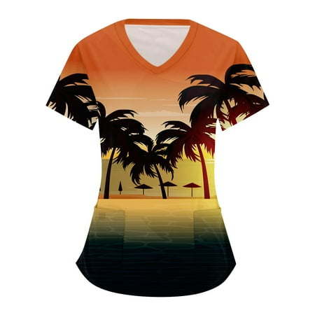 

Biziza Ladies Fashionable V-Neck Short Sleeve Workwear with Pocket Hawaiian Print Scrub Top S-5XL