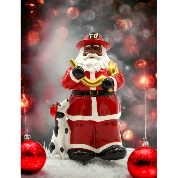 African American Firefighter Santa Cookie Jar 11.5in with Dalmation Dog Decor