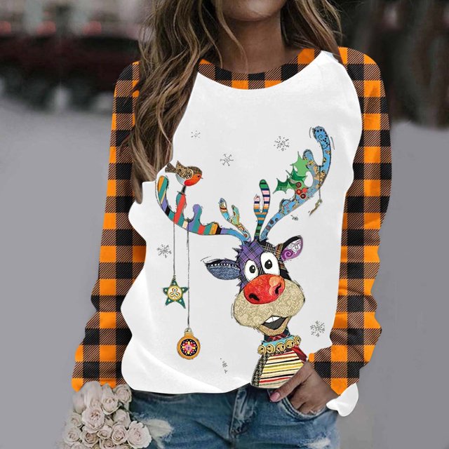 Chandails en Molleton de Noël pour Femmes 2023, Col Rond, Mode Décontractée, Manches Longues, Imprimé de Noël, Blouse, Chandails en Molleton Sans Capuche en Solde