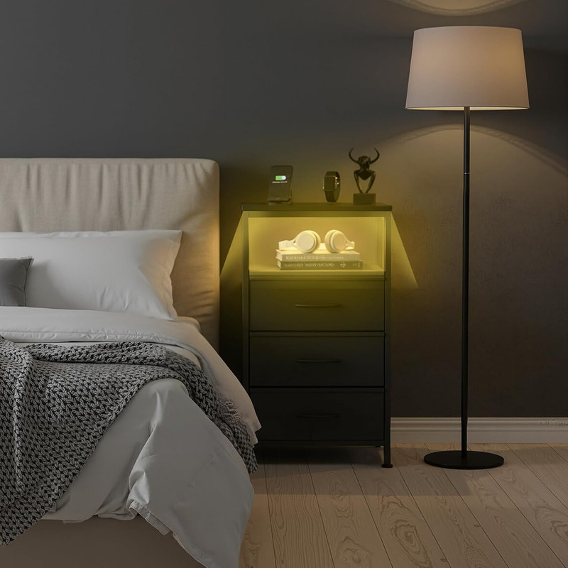 Simenmax Nightstand with Charging Station & LED Lights, 3 Drawer Bedside Table with Variable Light Strip, Modern Industrial Bedroom Furniture, Black