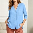 thumbnail image 4 of Women Solid Textured V Neck Button Up Shirt, Three-Quarter Rolled Sleeve Casual Blouse Top With Chest Pocket, Lightweight Breathable Summer Daily Wear Shirts, 4 of 9