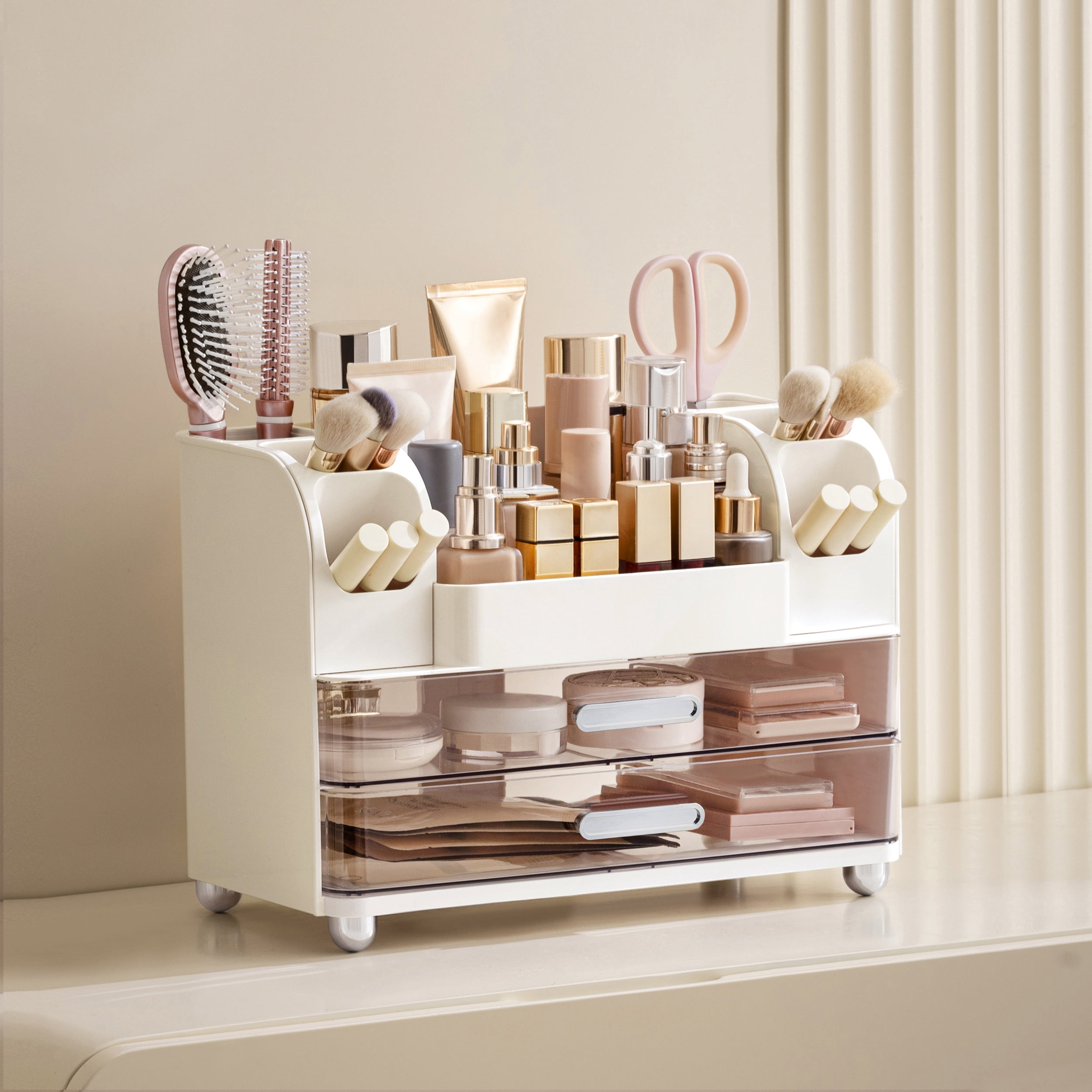 HBlife Makeup Organizer for Vanity with Brush Holder, Large Bathroom Countertop Cosmetic Organizer, White