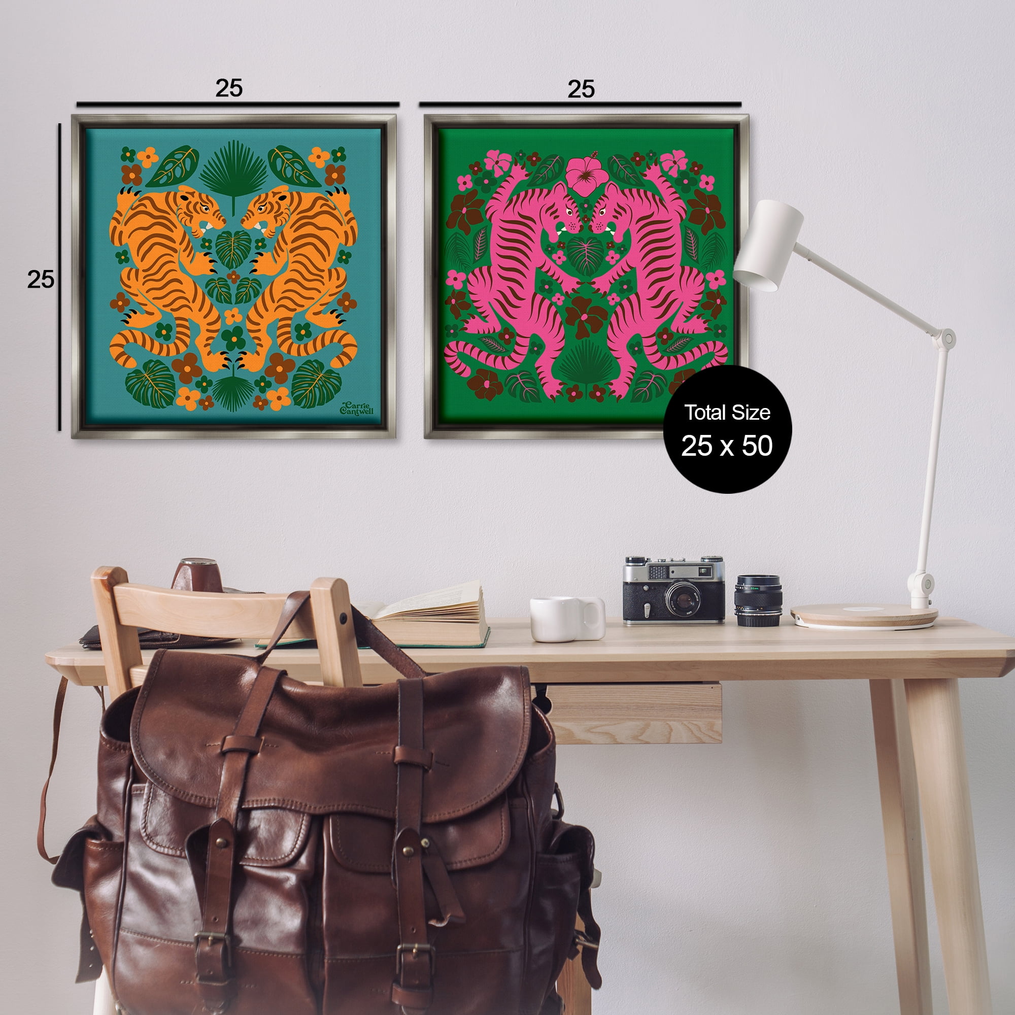 Stupell Industries Eclectic Twin Tigers Animals Painting Gray Floater Framed Canvas Art Print Wall Art, 25 x 25, Set of 2