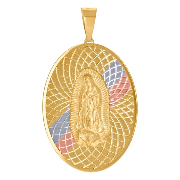 10k Tri-color Gold Mens Guadalupe Religious Oval Medallion Charm Pendant 51.1x29.2mm Wide Necklace for Men