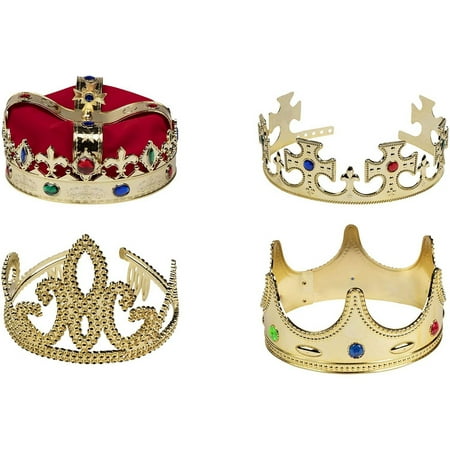 Gold Crown - 4-Pack Royal King and Queen Jeweled Costume Accessories, Party Hat
