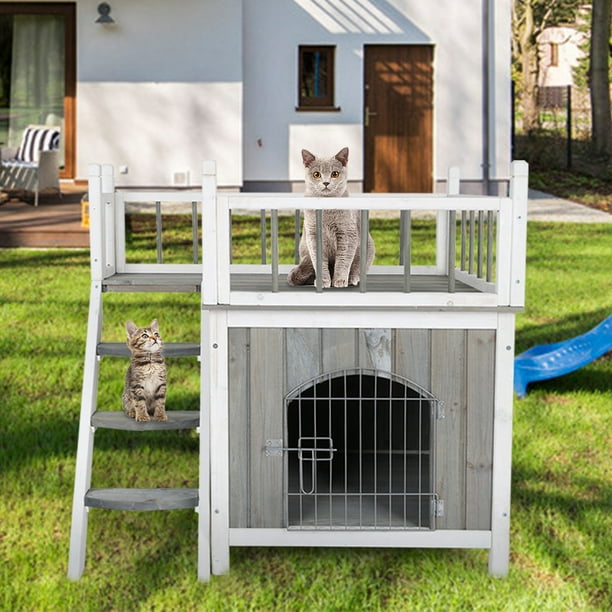 LNCDIS 2-Story Outdoor Weatherproof-Wooden Cat House Condo ...