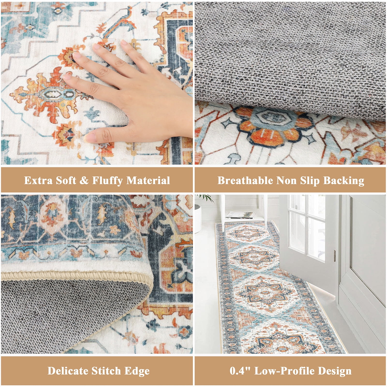 2 x10ft Washable Hallway Runner Rugs, Non-Slip Soft Kitchen Rug Runner Laundry Room Rug, Vintage Floor Runner for Kitchen Entryway Laundry Room