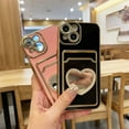 thumbnail image 5 of Plating Wallet for iPhone 14 Case, Plating Love Heart Mirror Card Holder Camera Protection Luxury Cover + 2* Screen Protector, Card Slot Case Elegant iPhone 14 Phone Case -Pink, 5 of 12