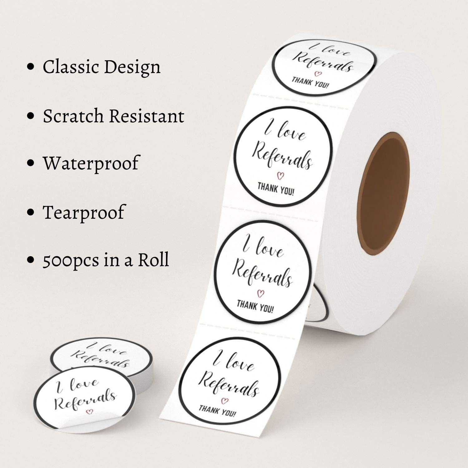 I Love Referrals Stickers Roll | Thank You | 1.5 inch | Waterproof | 500 Labels for Real Estate Agent Supplies, Realtor Supplies, Salon, Small Business Mailer Seal Stickers