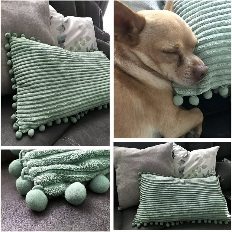 Sage Green Corduroy Throw Pillow Covers with Pom-Poms, 2-Pack