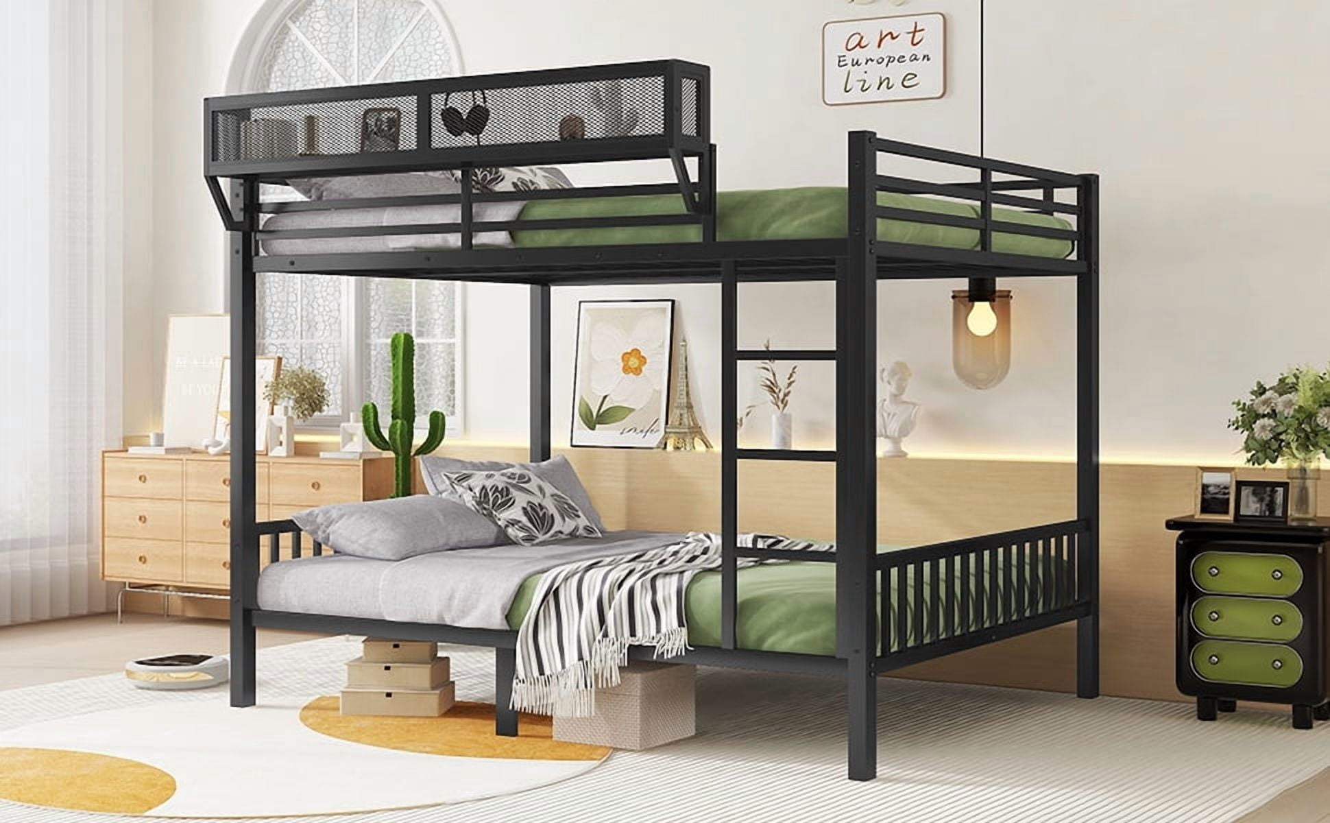 HOQBN Bunk Bed Queen over Queen,Heavy Duty Metal Bunk Bed Frame with Storage Shelf and Ladder,Black