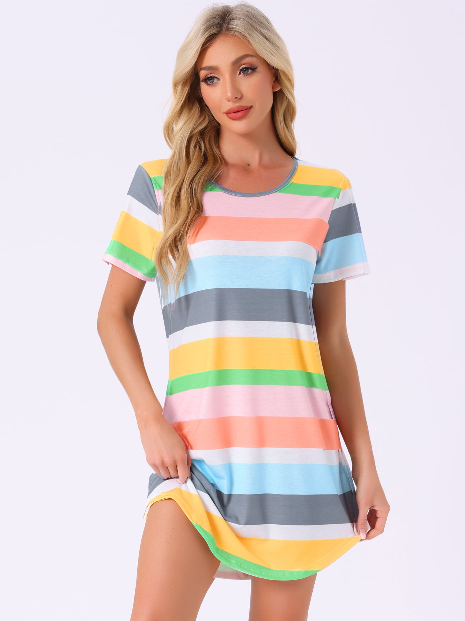 DARING DIVA Women's Colorful Striped Short Sleeve Nightgown S Green