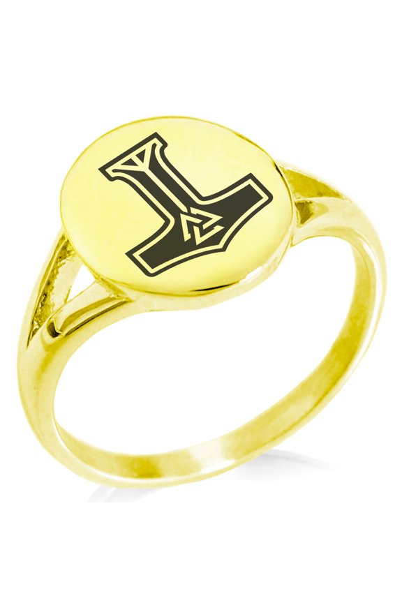 Stainless Steel Valknut Mjolnir Thor's Hammer Minimalist Oval Top Polished Statement Signet Ring