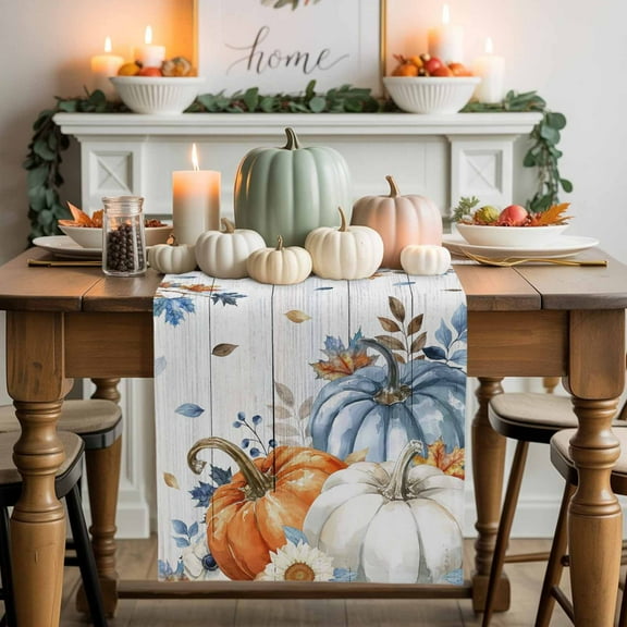 Thanksgiving Pumpkins Cotton Linen Table Runner, Washable Table Runners for Kitchen, Dining Room, Holiday, Home Party Table Decor, 13x36 Inches