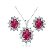 Gem Stone King 925 Sterling Silver Red Created Ruby Pendant Earrings Set For Women (2.75 Ct Oval with 18 inch Silver Chain)
