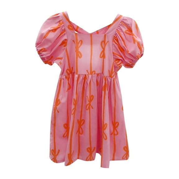 Mercatoo Toddler Girls Summer Dress Puff Sleeve Ruffle Smocked Square Neck Midi Dress Summer Girls Beach Sundress