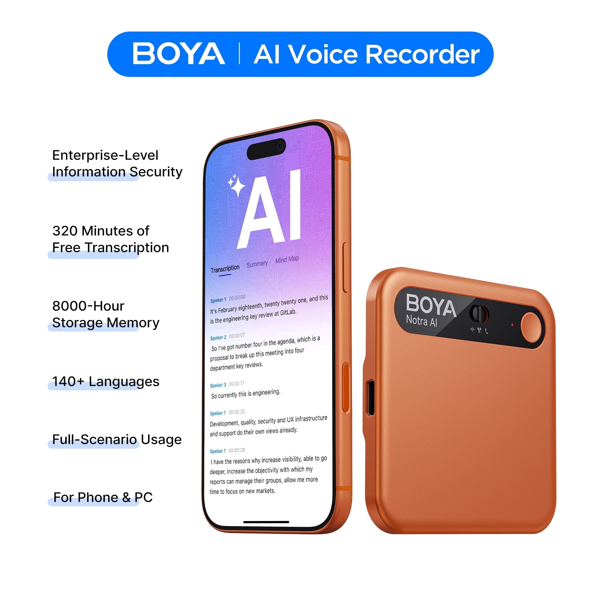 BOYA Notra AI Voice Recorder for Meetings, Lectures, Calls, Transcribe & Summarize,Meeting Summary Assistant