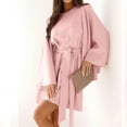thumbnail image 3 of Women's Solid Color Satin Dress Bell-Sleeve Long Sleeve Casual Crew Neck Ruched Tie Waist Party Mini Dress, 3 of 7