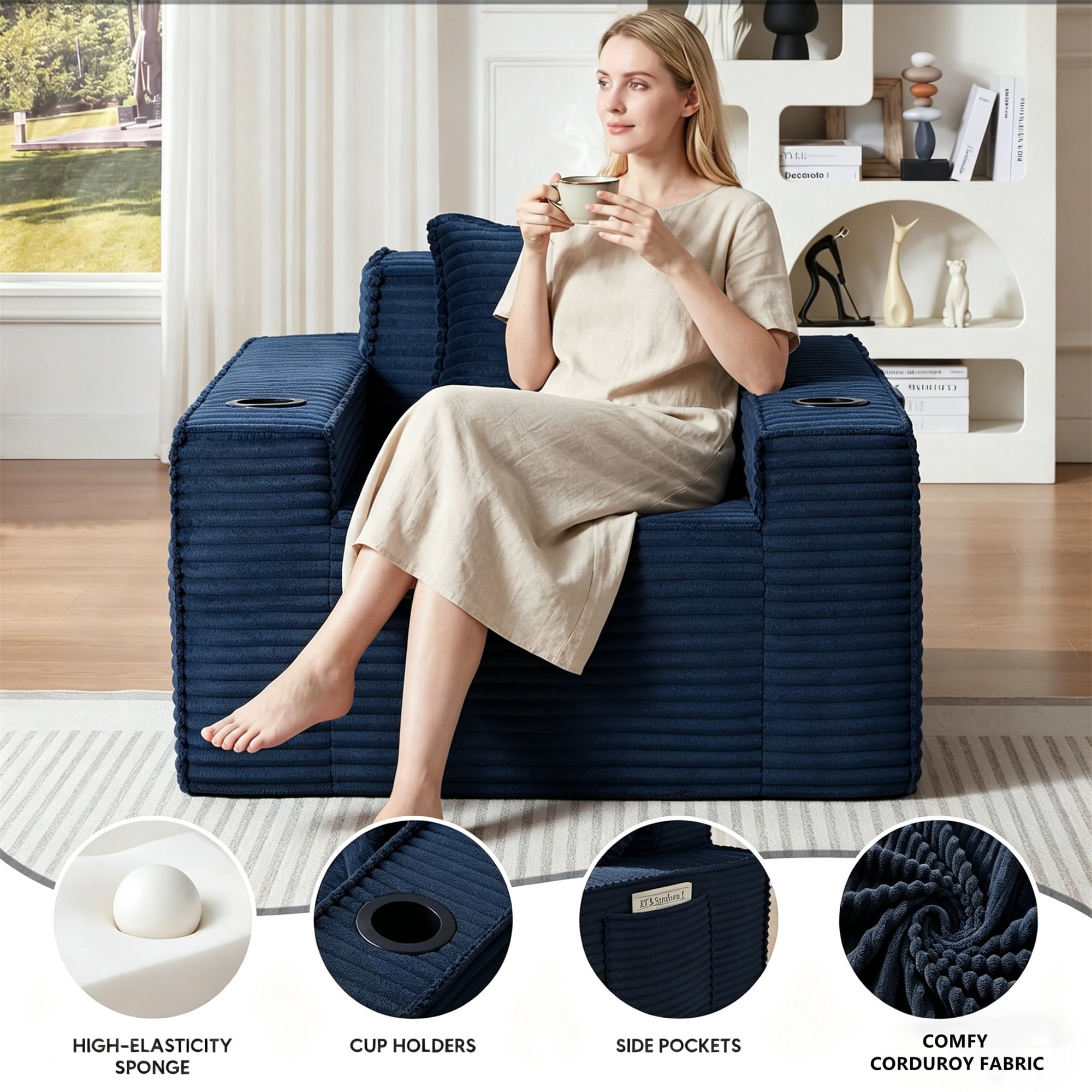 Aukfa 3 Piece Boneless Couch Set, Cloud Sofa Armchair w/ 2 Cup Holders&Storage Pockets for Living Room, Corduroy, Blue