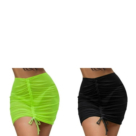 Wijhcboe 2 Pack Sheer Womens String Bikini Underwear Cover Up Ruffle Drawstring Cover Wraps Skirt Beach Skirt Beach For Swimwear Cover Up Skirt Women Mesh Shiny Bikini Wrap Trim Ups Bikinis Thong Bi