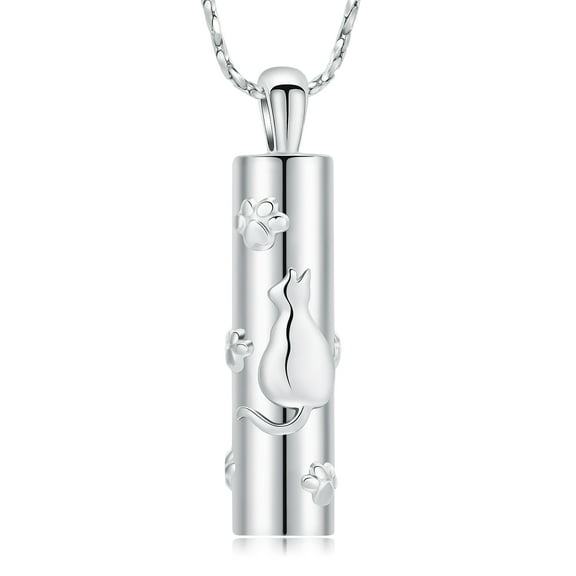 Stainless Steel Cat Print Cylinder Urn Pendant Pet Memorial Cremation Jewelry for Ashes Keepskae Memory Necklace