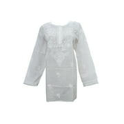 Mogul Womens Ethnic Designer Kurti White Embroidered Cotton Long Sleeves Comfy Tunic XXL
