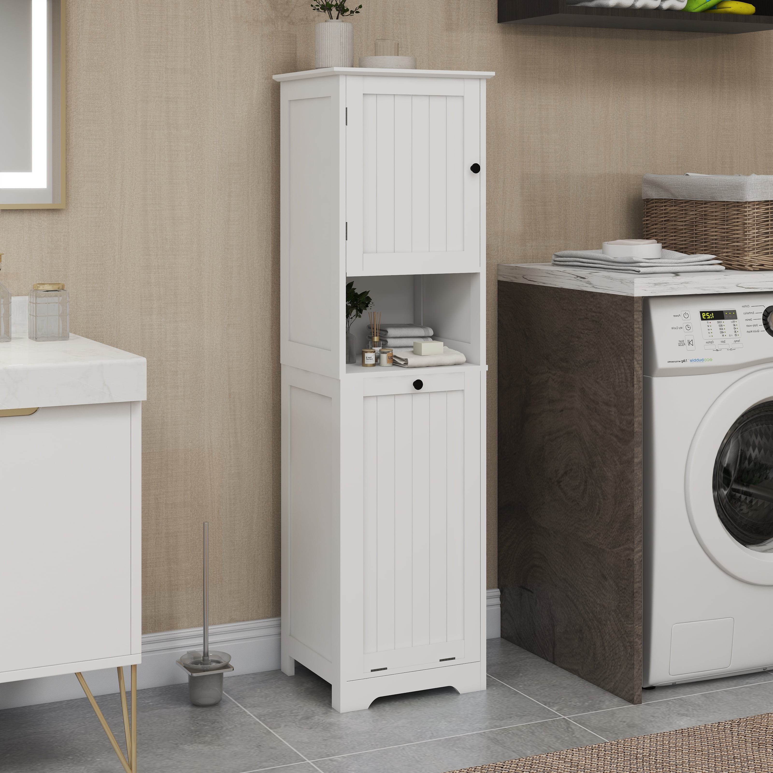 Mintazer Slim Tall Bathroom Storage Cabinet with Open Shelf, Freestanding Narrow Linen Tower with Tilt-Out Laundry Hamper for Bathroom Laundry Room Balcony, White