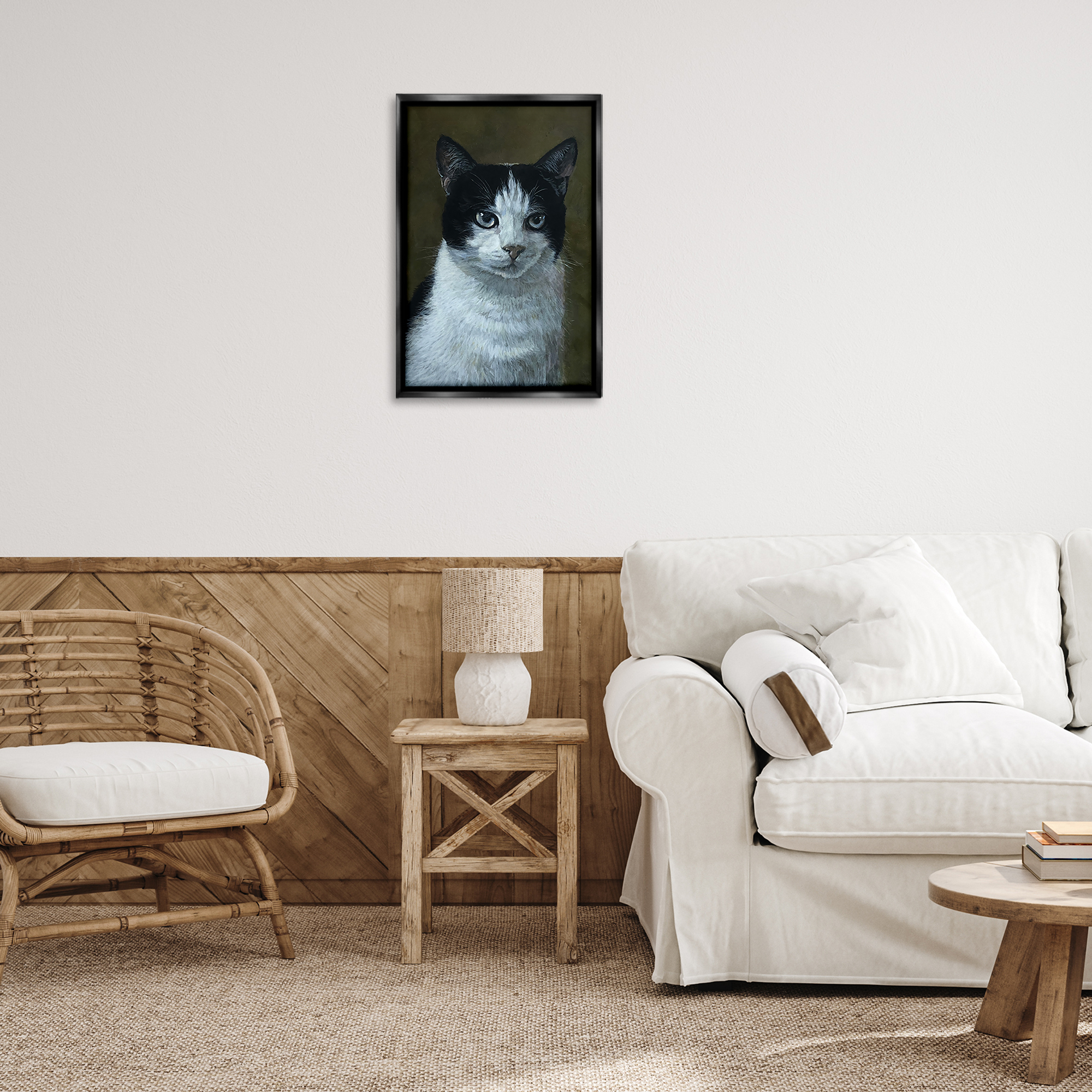 Stupell Industries Black & White Cat Angst Animals Painting Black Floater Framed Canvas Art Print Wall Art, 17 x 25