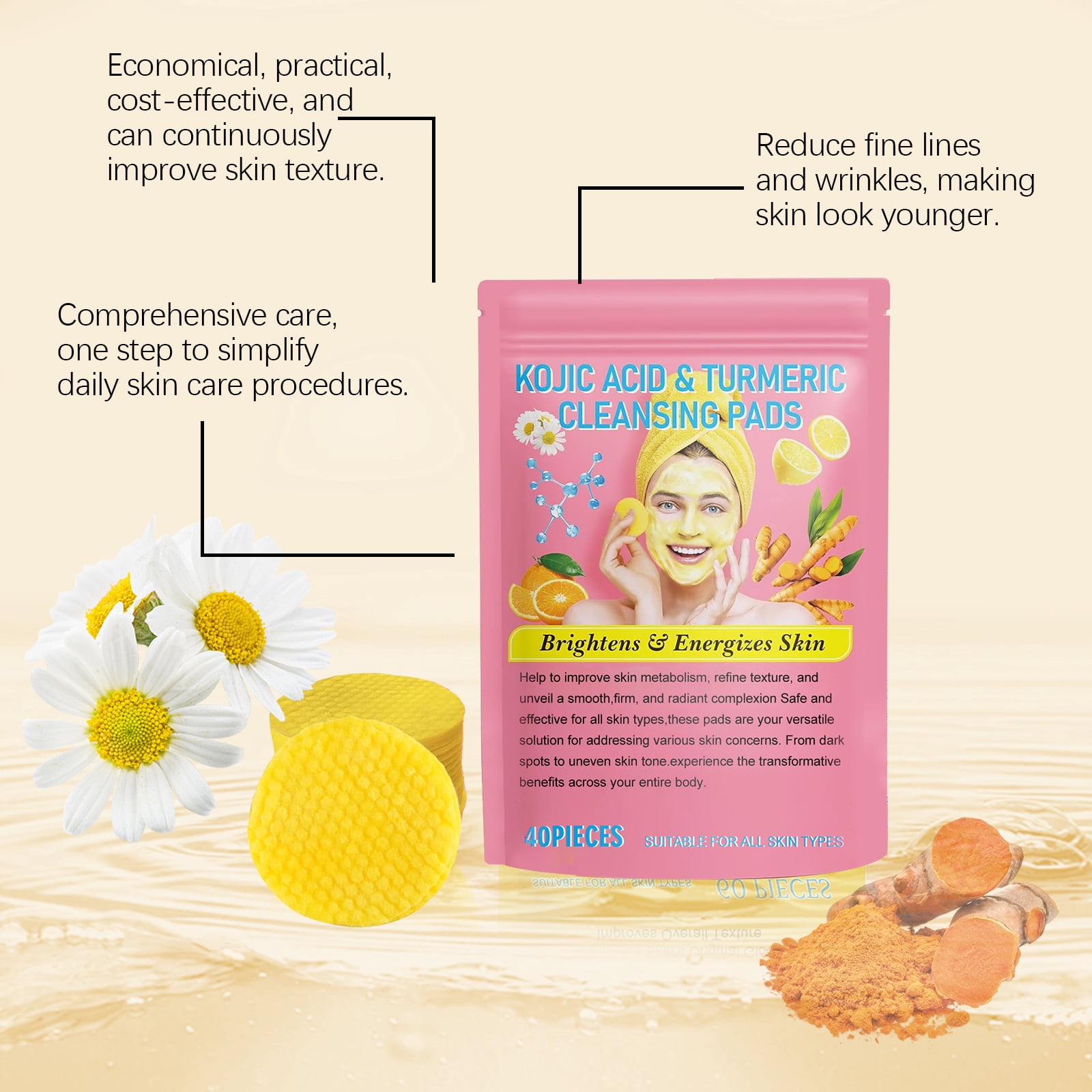 Alvantor Face Cleansing Pads with Kojic Acid and Turmeric, 40 Pads, Suitable for All Skin Types