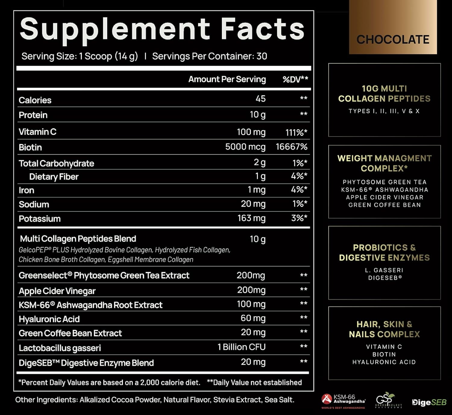ELMNT Super Collagen Burn - Multi Collagen Peptides Powder for Women w. Apple C Vinegar (Chocolate)
