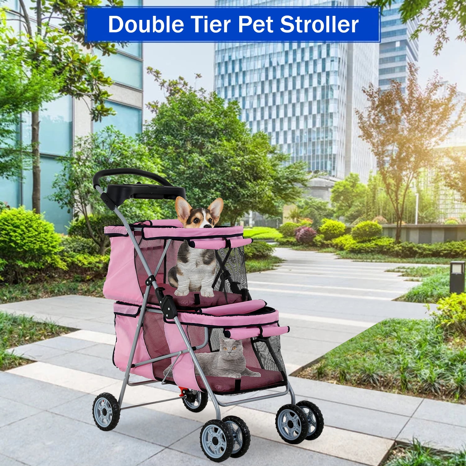 4 Wheels Pet Stroller Dog Cat Stroller, Foldable 2 Cages Strollers