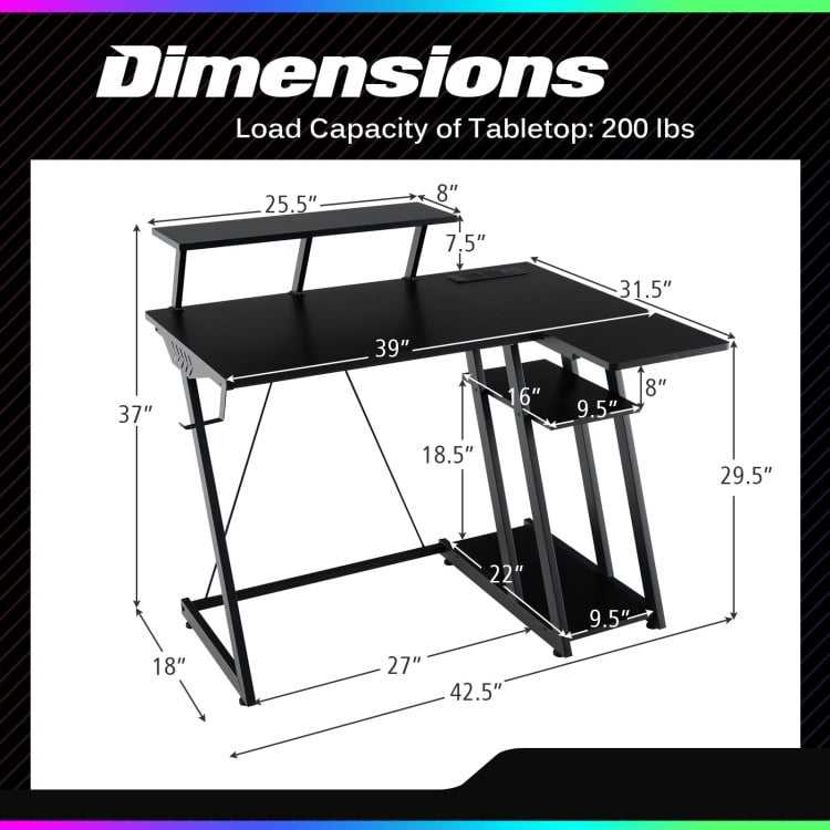 Resenkos L Shaped Gaming Desk with Outlets and USB Ports-Black, Home Office Desks, Gaming Computer Desks for Study,Working,Writing