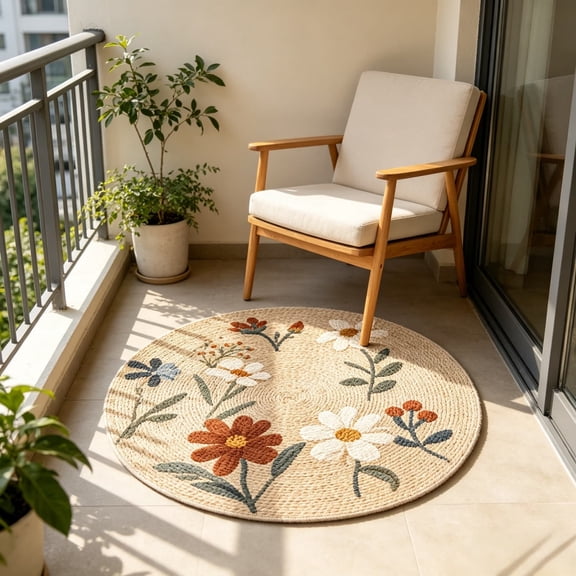 Toycle Boho Woven Round Rug Floral Mat For Living Room Bedside Carpet Throw Rug For Bedroom Handmade Style Floor Covering Home Decor(Beige,Polyester)