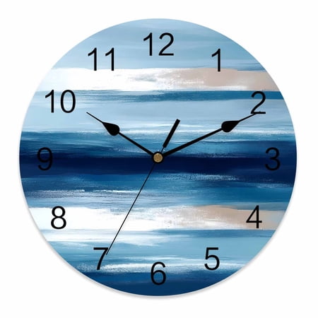 Wall Clock 10 Inch Blue Brush Textured Round Silent Decorative Wall Clocks Battery Operated for Living Room Bedroom Kitchen Classroom Decor, Abstract Watercolor Ocean,Small