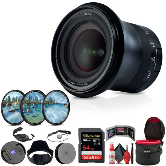 Zeiss Milvus 21mm F/2.8 ZE Lens for Canon EF (2096-549)   64GB Extreme Pro SD Card   82mm 3-Piece Filter Kit   Padded Lens Case   Memory Card Wallet   Hand Strap   Mini Tripod & Cleaning Kit
