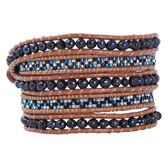 Mandala Crafts Boho Freshwater Cultured Pearl Bead Stackable Leather Wrap Bracelet Jewelry for Women, Dyed Black Pearls