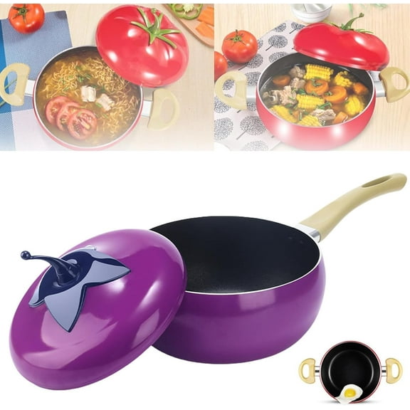 Enamel Cast Iron Stock Pot Tomato Cocotte, Nonstick Soup Tomato Shaped Pot Pasta Can, Cute Vegetable Shape, Multifunction Cooking Pot with Handles for Stewing Poaching Frying Thanksgiving(Eggplant,Mi