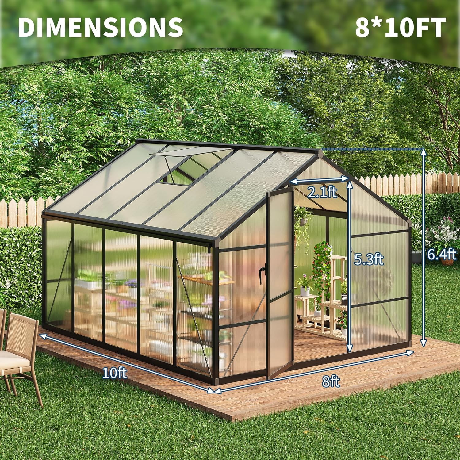 8x10 FT Greenhouse, Polycarbonate Walk-in Greenhouse for Outdoors with Roof Vent & Lockable Outward-Opening Swing Door, Heavy-Duty Aluminum Green House for Garden, Backyard, Patio, Lawn, Dark Grey