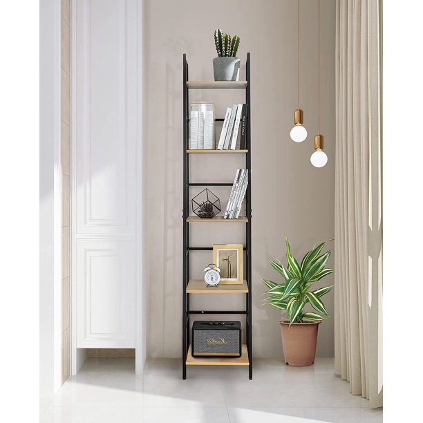 Bookshelf, 5Tier Narrow Ladder Shelf Bookcase with Metal Frame, Freestanding Corner Rack