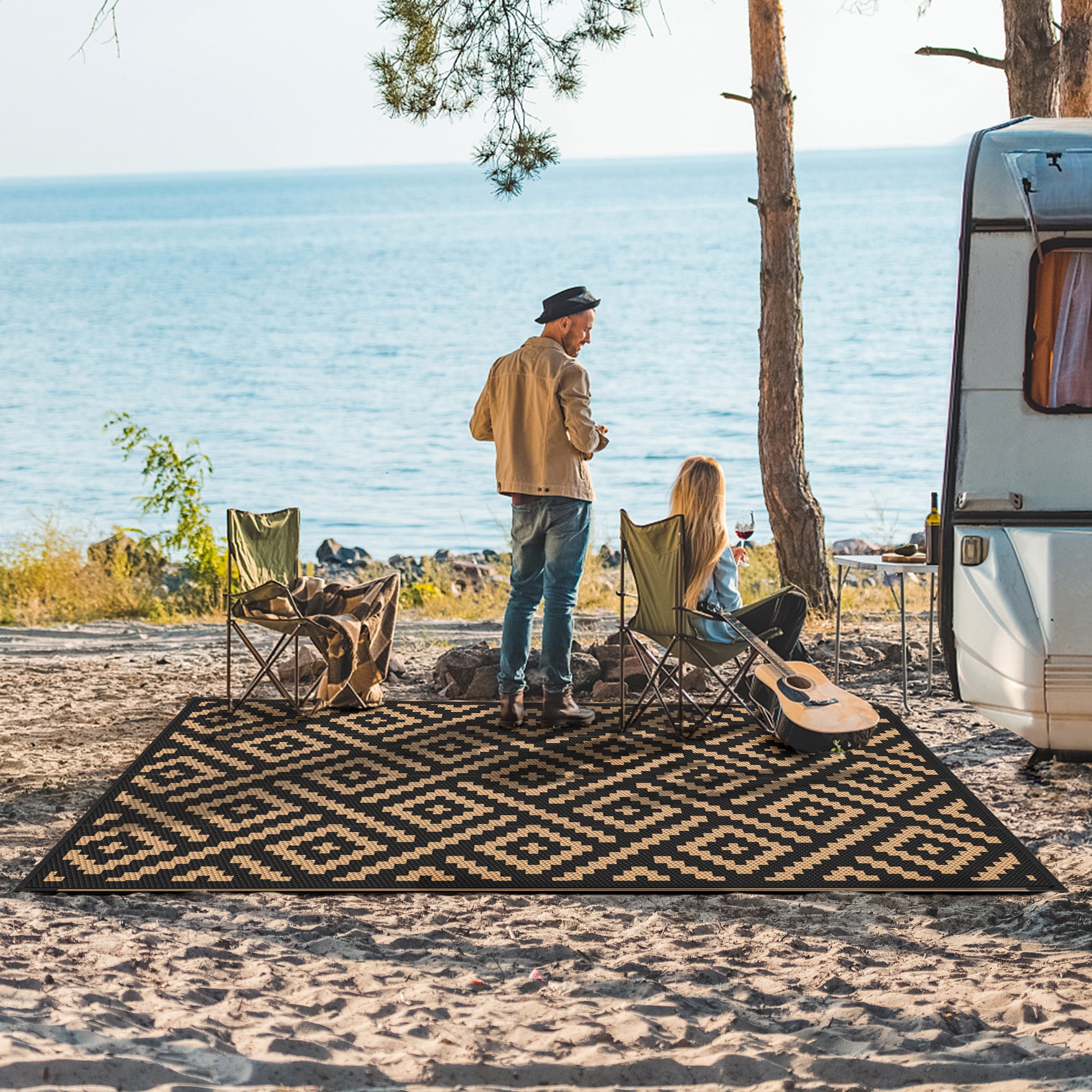 DEORAB Outdoor Rugs Waterproof Plastic Straw Mat 6'x9' Reversible for RV Patio Deck Beach Black & Brown
