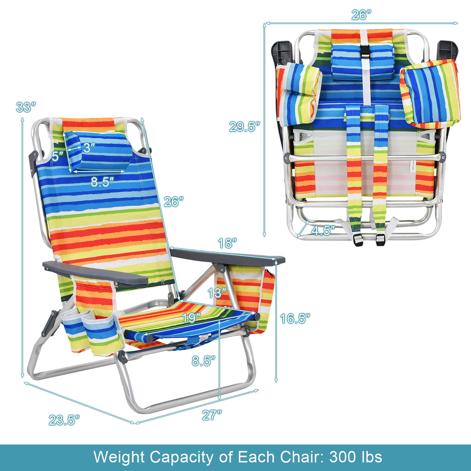 Costway 2-Pack Folding Backpack Beach Chair 5-Position Outdoor Reclining Chairs with Pillow Yellow